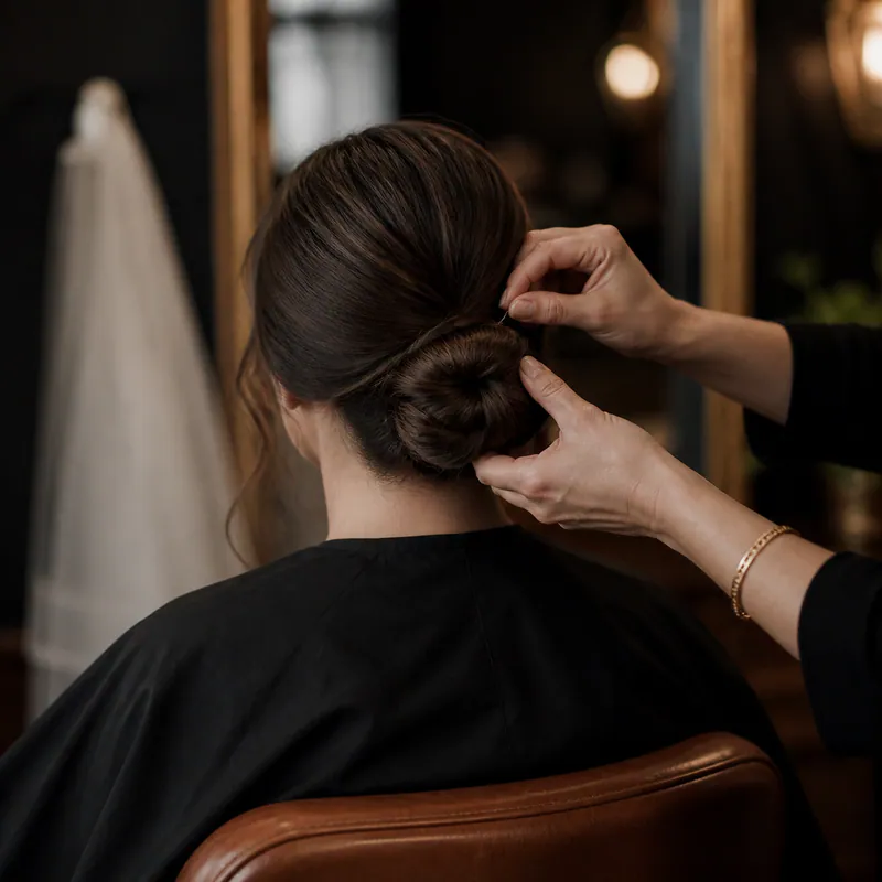 Stylist pinning a polished bridal chignon