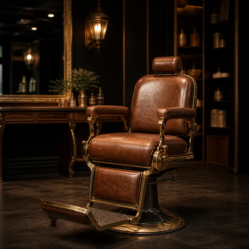 Cognac leather salon chair ready for a guest