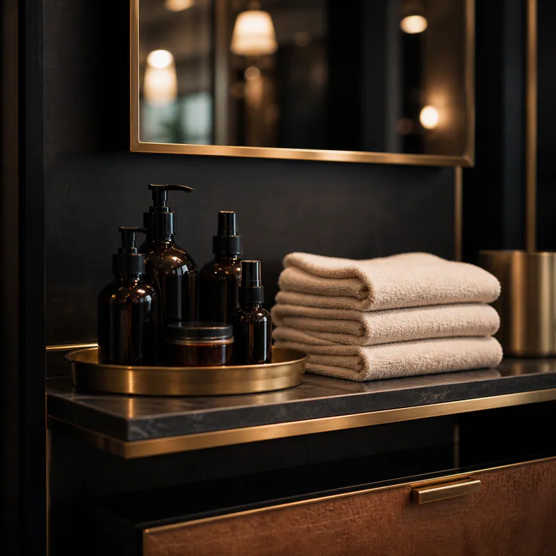Amber salon products and folded towels on a brass tray