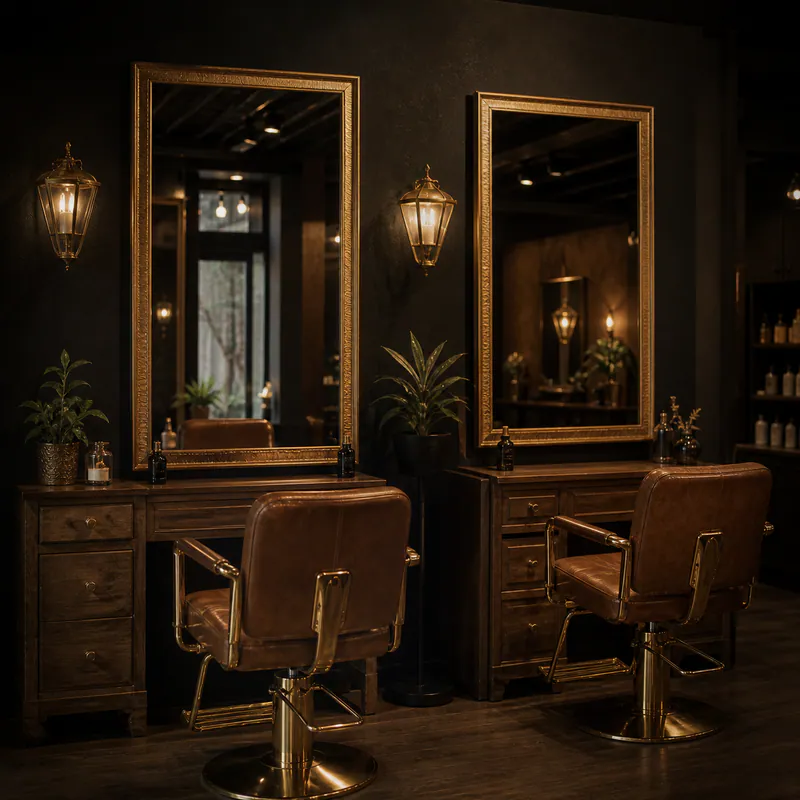 Gold-framed mirrors and cognac styling chairs at Velour House