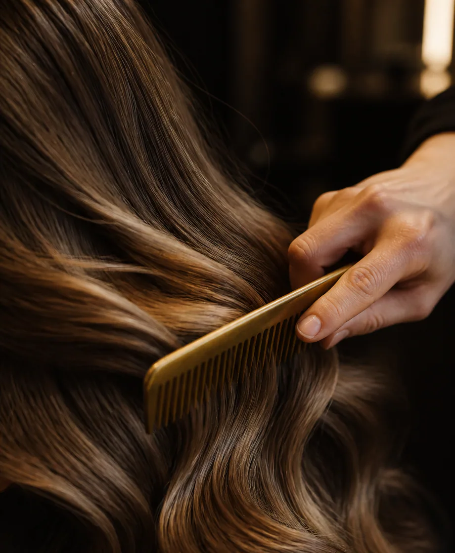 Close-up of styled brunette waves and a brass comb