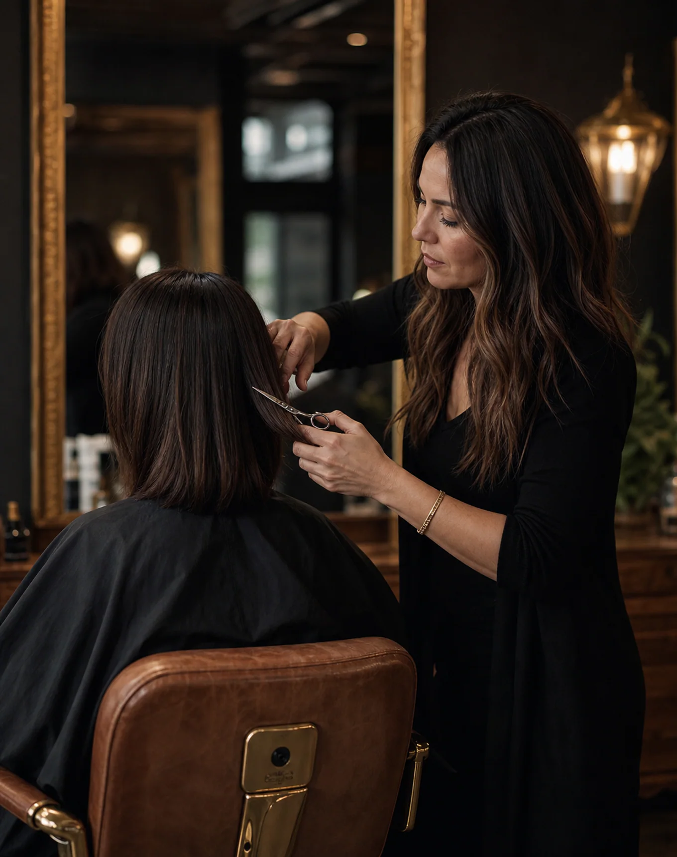 Stylist finishing a haircut at Velour House